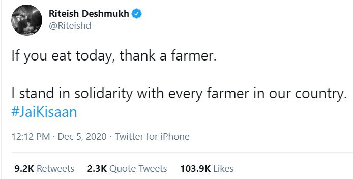 ritish deshmukh tweet for farmers