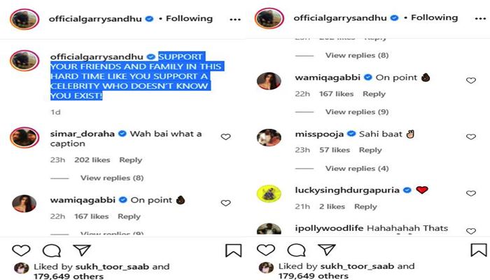 garry sandhu instagram post commnets by wamiqa gabbi and miss pooja