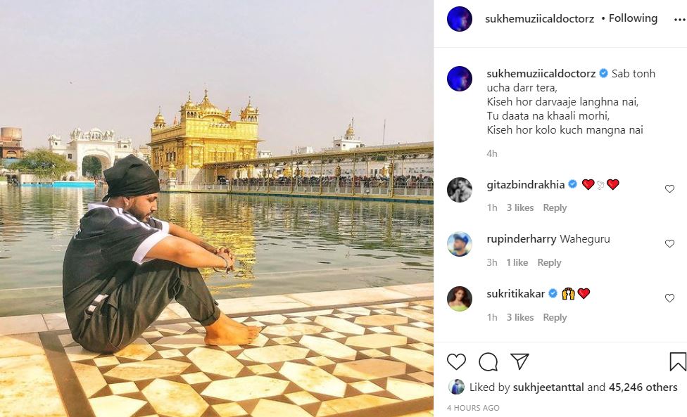 image of sukhe muzical doctorz shared goldem temple image on his instagram