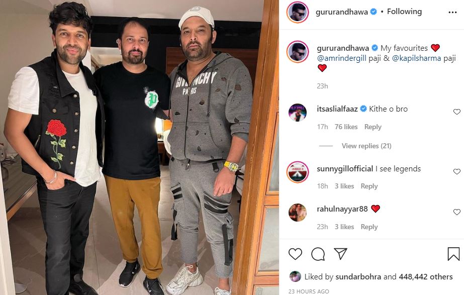 inside image of guru randhawa shared cute pic with amrinder gill and kapil sharma